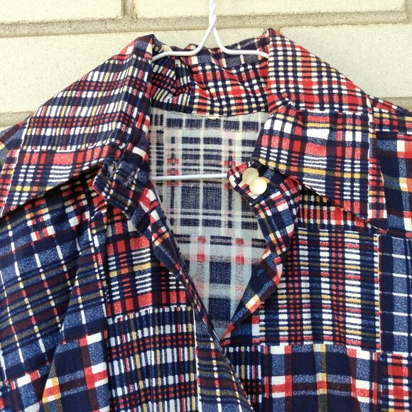 Vintage 60s 70s Plaid Patchwork Shirt 43"B Butterfly Collar Moonglow Buttons - Picture 4 of 12
